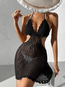 Women's Summer Beach Holiday Sexy Hollow Out Mesh Backless Tie Strap Short Cover Up Dress - Black - View 1