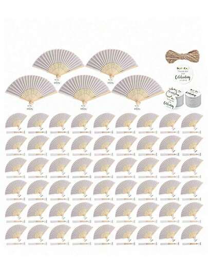 30/15/3pcs Wedding Bridesmaid Handheld Silk Folding Fan Set, Wedding Guest Favor Gift Set, White Folding Hand Fan With Linen Rope And Tag, Fun DIY Gift, Valentine's Day Surprise, Home Decor, Suitable For Wedding Bride Gifts, Party Favors, Wedding Decorations, Bridal Room Decor