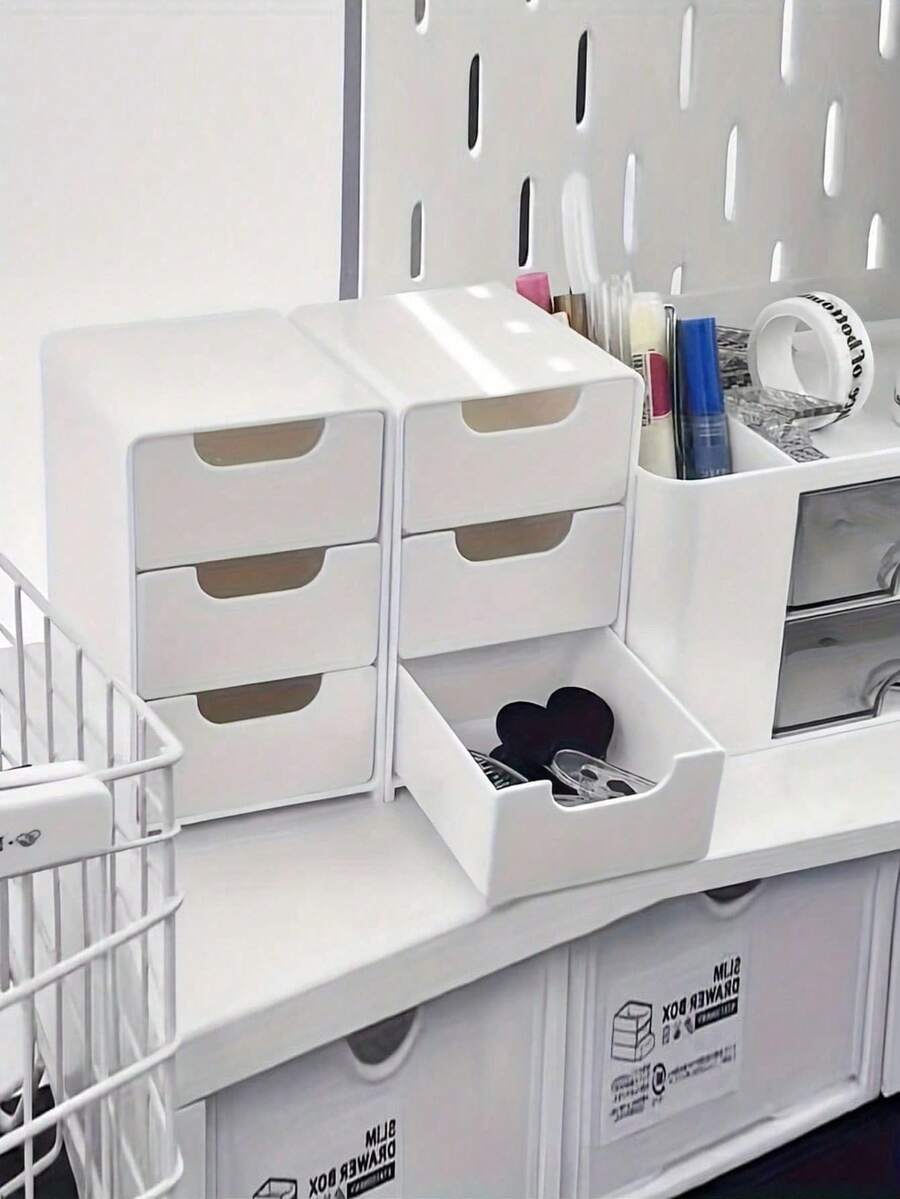 1 件时尚 3 抽屉储物整理器 - 非常适合存放办公用品、珠宝和化妆品 - 便携式轻质塑料隔板配件、办公桌整理器、珠宝盒 - 彩色 - 查看 1