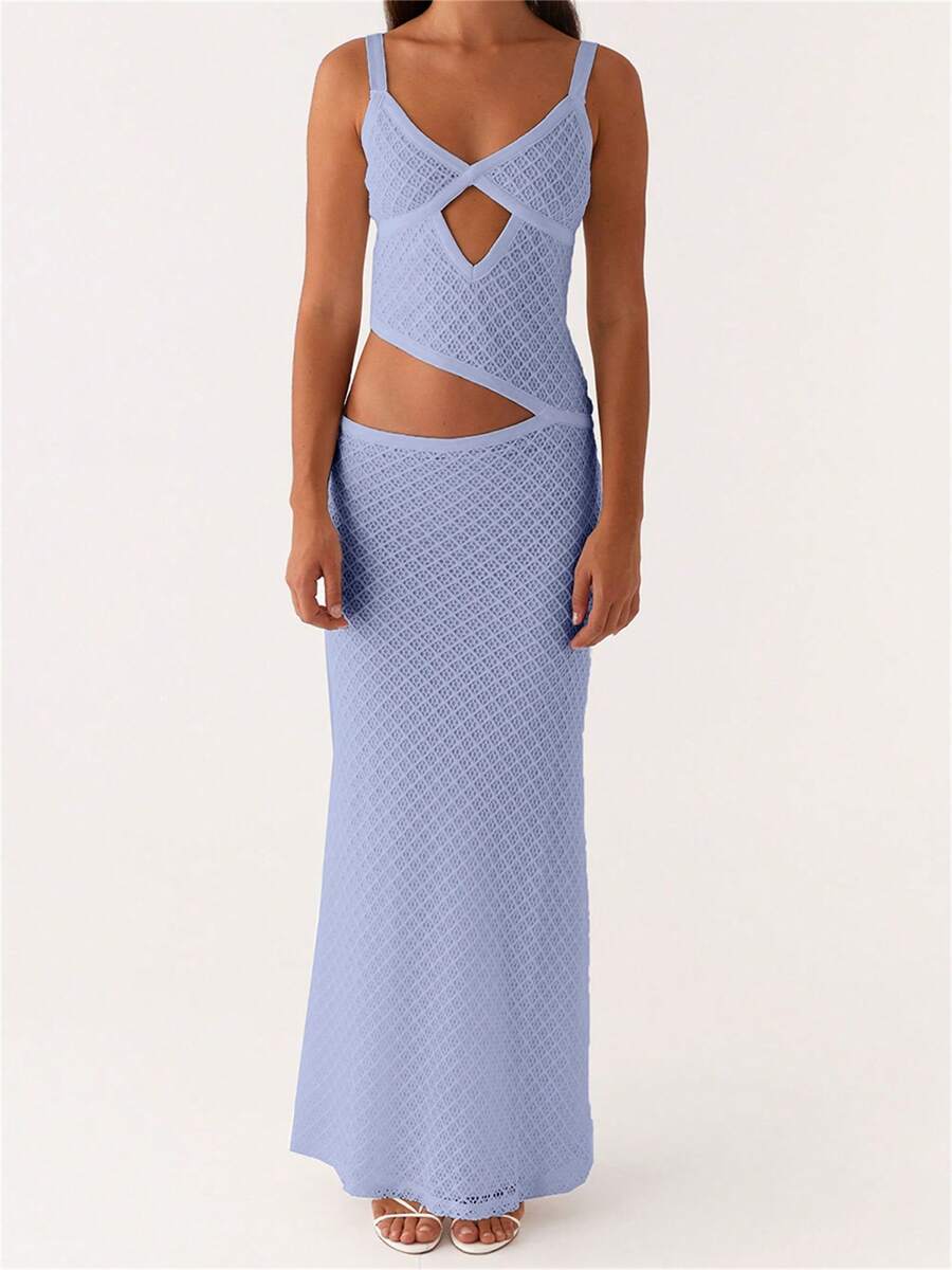 Women Crochet Knit Bodycon Maxi Dress Sexy Sleeveless Cut Out Boho Party Club Long Dress - 藍色 - 查看 1