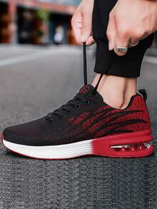 1 Pair Men's Red Patchwork Gradient Knit Lace-Up Cushioned Athletic Shoes, Comfortable Breathable Shock-Absorbing Outdoor Running Sneakers, Suitable For Outdoor Sports, Jogging, Fitness And Walking - Black - View 5