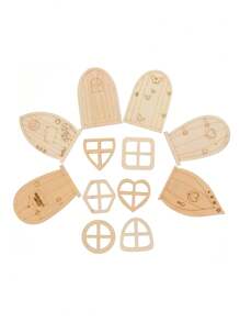 12pcs Wooden Miniature Fairy Door DIY Kit, 3D Wooden Structure With Mini Windows, Suitable For Rustic Garden Craft Set, Wall Home Party Decor