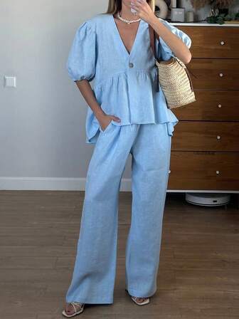 Women's Casual V-Neck Short Sleeve Wide Leg Pants Loose Suit, Solid Color Elegant Casual Summer