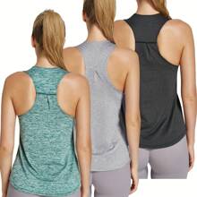 Set de 3 piezas Camiseta sin mangas deportiva para mujer - Secado rápido, mezcla de poliéster transpirable, adecuado para entrenamiento y fitness