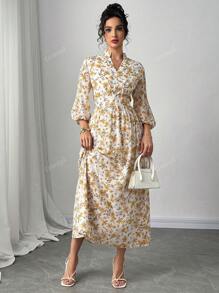 Nuovo arrivo Abito elegante da donna con stampa floreale, manica a lanterna/scollo a V/linea A, primavera/estate