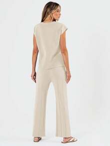 tooluck 2 Piece Sets For Women Summer Vacation 2025 Lounge Outfits Matching Two Pcs Summer Knit Tracksuits Sweat Suits Beige - 米色 - 查看 3