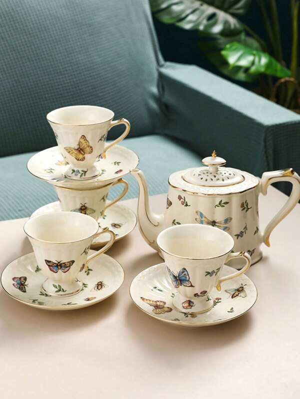 Vintage Ceramic Teapot And Coffee Cup&Saucer Set, Featuring Detailed Gold-Plated Insect Patterns (Butterfly, Dragonfly, Bee) And Floral Designs, Includes Afternoon Tea Cup&Saucer, Coffee Cup&Saucer, And Teapot, Elegant Home Tableware Set