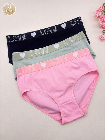 3pcs Women's Solid Color Mid-Rise Briefs, Elegant Letter Print, Stretchy Knit Fabric, Multiple Colors Available