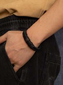 Fashionable Simple Woven Double Layer Leather Cord Bracelet For Men, Magnetic Clasp Leather Wristband Jewelry