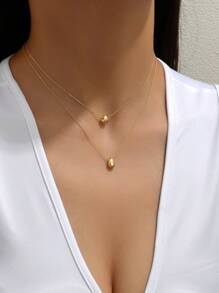 1pc Women's Simple Double-Layer Gold-Color Beaded & Teardrop Pendant Necklace,Stainless Steel Material,With Long-Lasting Color Retention,Suitable For Summer, Party, Dating Events, Gift - Double Layer Necklace - View 3