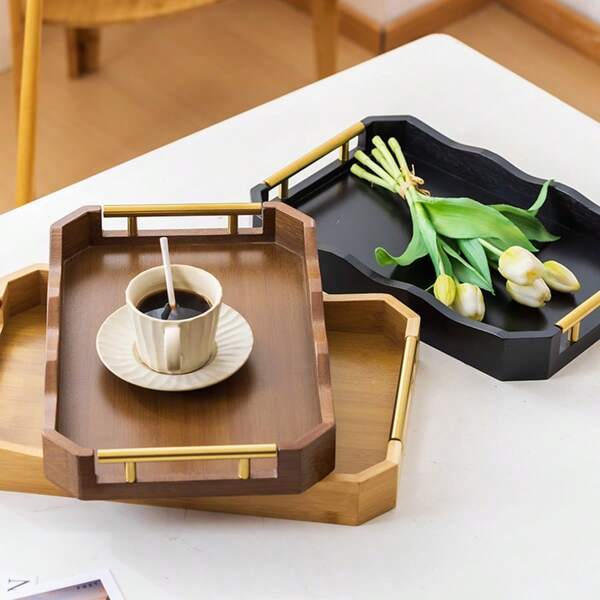 1pc Metal Handle Wave Shaped Tray, Wooden Coffee Table Tea Serving Tray, Home/Hotel Chic Bread/Dessert Plate