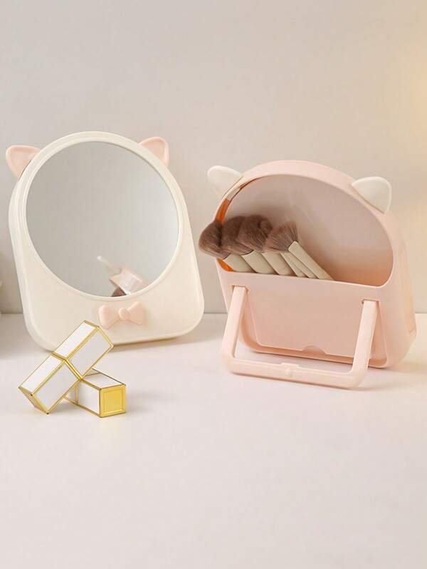 Adorable Bowknot Makeup Mirror - Cute Cat Ears Folding Vanity Mirror For Desk Storage - Perfect Gift For Girls' Room Decor