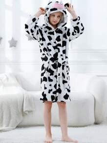 MICHLEY MICHLEY 1pc Kids Hooded Bathrobe With Belt Pockets Cartoon Animal Cow Style Soft And Comfortable Nightgown Unisex Suitable For Living Room, Swimming Pool, Bathroom Kids Gift