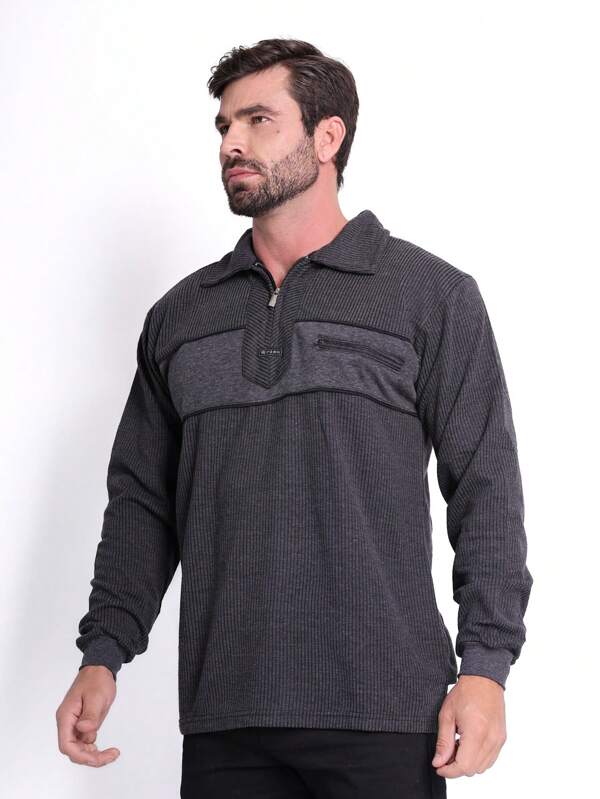 Camisas polo com ziper masculinas importadas para primavera e outono, com lapela fina de veludo canelado