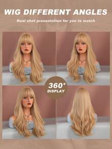 Perucas douradas onduladas de 22 polegadas para mulheres, perucas elegantes, fofas e cacheadas com franja, perucas de fibra sintética resistente ao calor, para uso diário, para meninas, festas de festivais de música, moda urbana Y2K, uso fotográfico, acessórios de peruca da moda para combinar