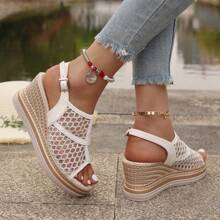 Sandales compensées sexy ajourées pour femmes, imprimé floral bohème de vacances, pour la plage/extérieur, l'été, semelle épaisse, respirant en dentelle et résille
