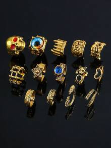 14 枚/套骷髏/眼睛/動物形狀鏤空哥德復古風格男士戒指