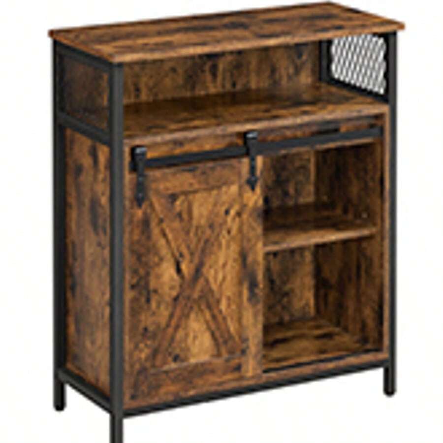 VASAGLE Mueble de Almacenamiento, Aparador, Armario de Cocina, Puerta Corredera, 30 x 70 x 80 cm, Estante Ajustable, Marrón Rústico y Negro - Marrón - Ver 1
