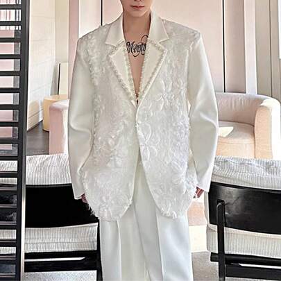 Spring New Men's Suit Design Models Light Luxury Three-Dimensional Jacquard Handmade Pearl Casual Suit Jacket Men
