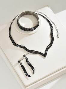 4 件套女士几何图案首饰套装，包括项链、耳环、手链，适合派对、婚礼、感恩节 - 黑色 - 查看 3