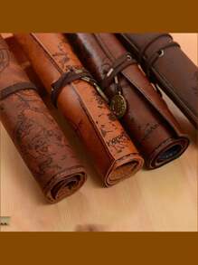 A Unique Map, Nostalgic Retro Pencil Case, Large Capacity Pencil Case, Portable Printed Buckle Pencil Case, PU Leather, Suitable For Cosmetics, Brushes And School Supplies, Cute Simple Creative Map Leather Pencil Case