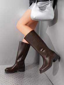 Womens Square Toe Chunky Block Heel Knee High Boots Banana Campus Boots For Women Casual Comfortable Low Heel Side Zipper Riding Tall Boots - Cà phê nâu - Xem 2