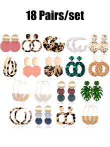 Xiacheng 1-18 Pairs/Set Statement Earrings For Women Rattan Earrings Big Gold Geometric Drop Dangle Earrings Set Beach Essentials Hypoallergenic For Sensitive Ears - Multicolor - View 1