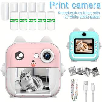 Portable Instant Print Camera, 1080P Instant Print Camera, HD Digital Camera Printer, Includes Multiple Rolls Of White Photo Paper, Suitable As A Gift For Family During Holidays And Birthdays