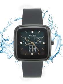 KEZZI 1 pieza Reloj de cuarzo cuadrado estiloso y simple con correa de silicona negra unisex, de moda casual adecuado para uso diario