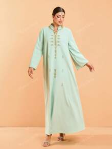 Abito lungo da donna con scollo a V, verde, ricamato con perle, maniche lunghe, nuova collezione Mgiacy