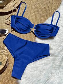 Nuevo y elegante traje de baño de 2 piezas de estilo europeo y americano, color rojo vino, minimalista y sexy, con aros, push-up y decoración metálica en forma de estrella de mar
