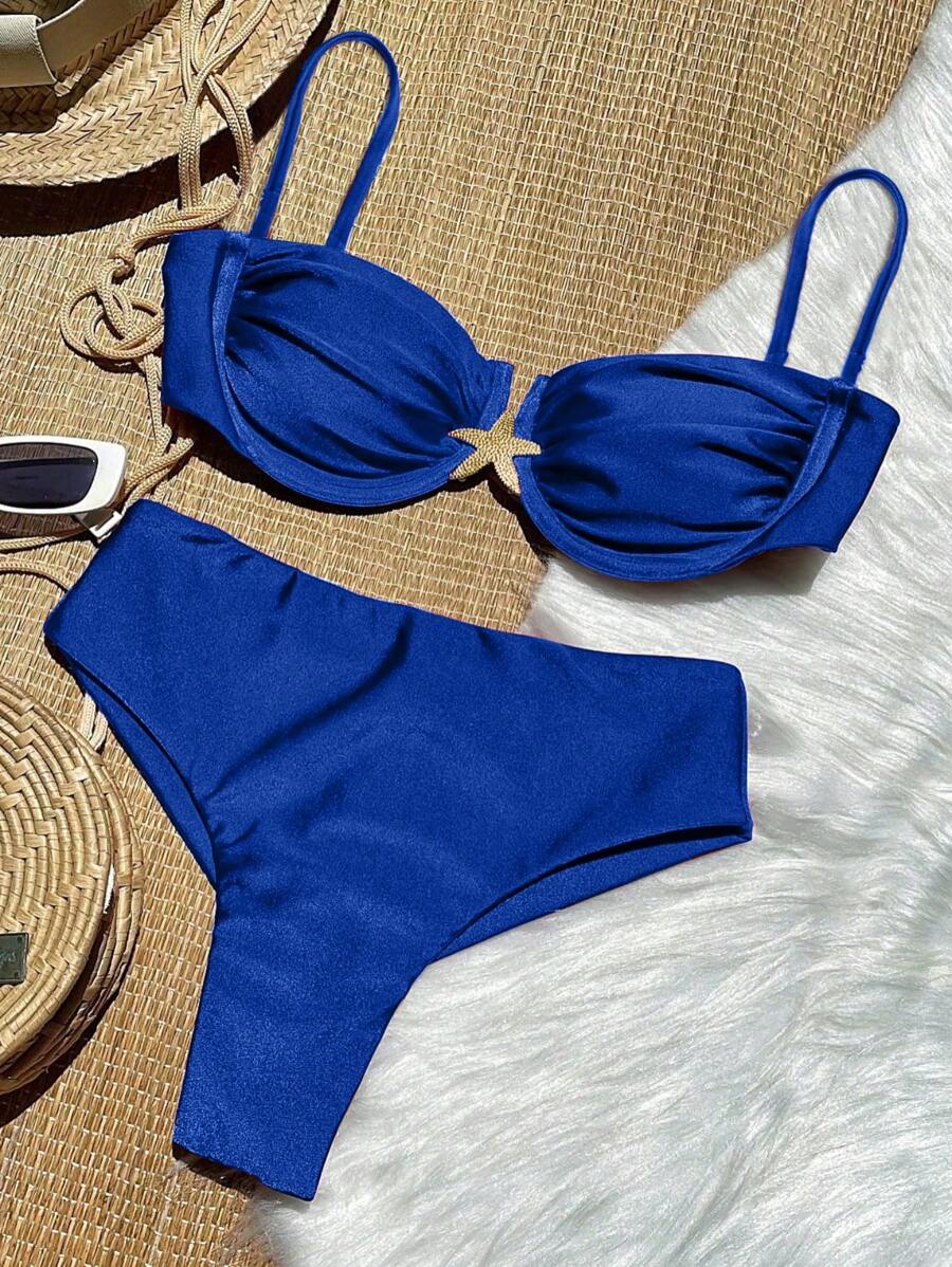 Nuevo y elegante traje de baño de 2 piezas de estilo europeo y americano, color rojo vino, minimalista y sexy, con aros, push-up y decoración metálica en forma de estrella de mar