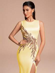 Elegant Long Slit Sequin Floral Party Dress, Prom Dress