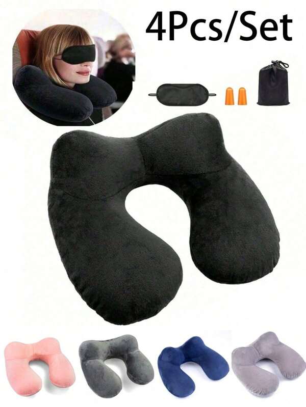 4pcs/Set Eye Mask, Earplugs, Anti-Noise And Anti-Brightness Neck Pillow Travel Pillow Inflatable Compact Neck Pillow Ergonomic Headrest With Velvety Soft Washable Cover For Camping, Travel, Plane, Train, Car, Office(Earplugs Color Random)