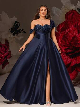 VIPGIRL 海军蓝色亮片缎面单肩高开叉女士礼服，优雅大码晚礼服，长款舞会礼服，婚礼宾客礼服，奢华派对礼服，迷人鸡尾酒会礼服，女士正装礼服，大码礼服