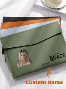 1pc Personalized Customized Name, Phone, Company Name, Company LOGO A4 Leather Document Folder, File Bag, Portfolio, Waterproof Business Office Snap Closure Thick Storage Bag - Magnetic Seal, Waterproof Faux Leather Large Capacity File Folder, Suitable For Business And Office Organization, Ideal For Exams And Storage,Back To School,School Supplies