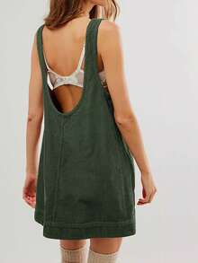 Women's DarkGreen Corduroy Overall Dress Round Neck A Line Skirtall Jumper Mini Dress Pinafore With Pockets - Dark Green - View 2