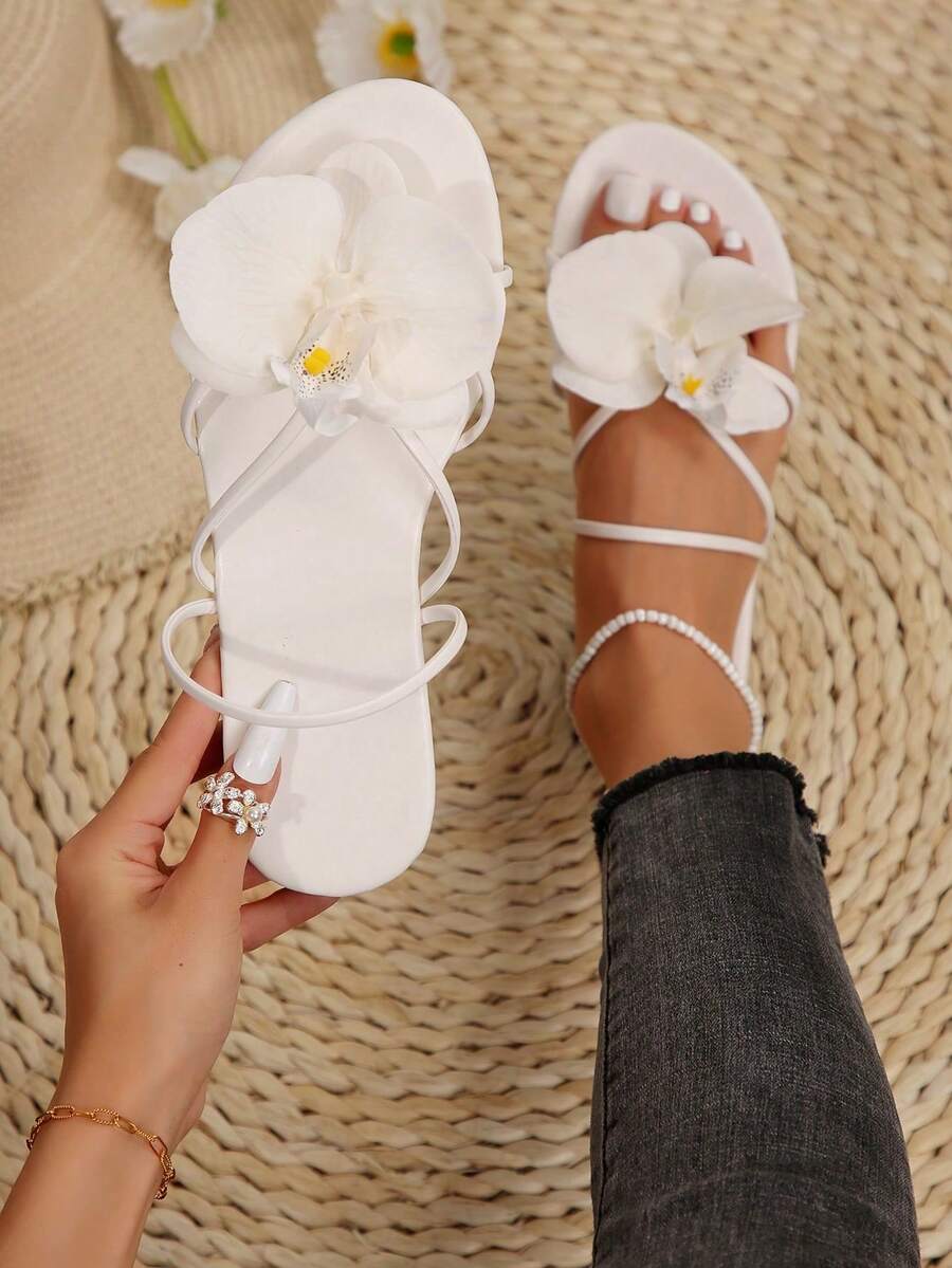 3D 花卉装饰休闲优雅女士一脚蹬凉鞋，涤纶材质，适合度假、休闲、办公室、居家、派对、海滩、婚礼，温柔甜美的夏季风格