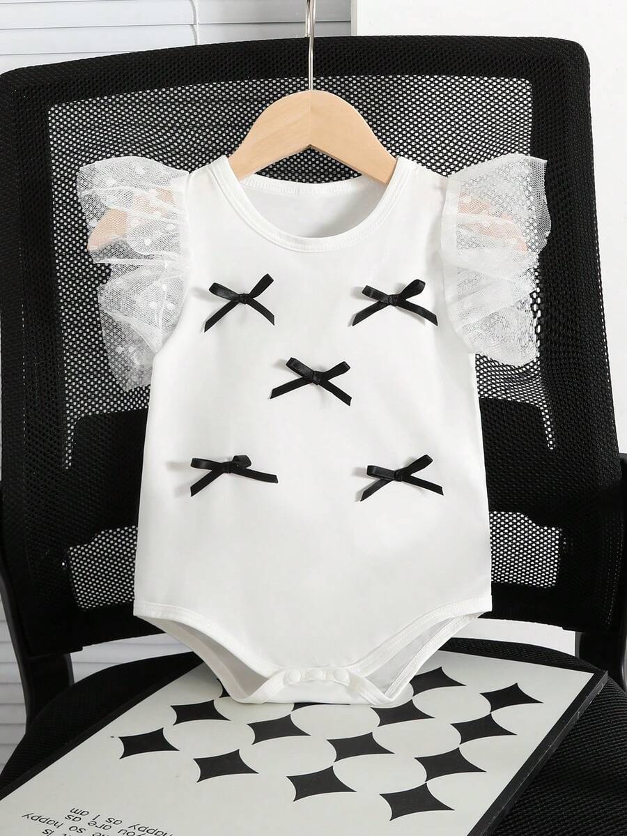 Infant Baby Girls' Summer Cute Colorblock Bow Decor Polka Dot Mesh Ruffled Cap Sleeve Knit Bodysuit - White - View 1