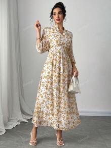 Nuovo arrivo Abito elegante da donna con stampa floreale, manica a lanterna/scollo a V/linea A, primavera/estate