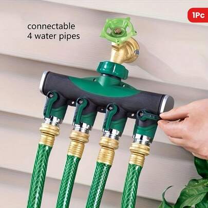 1 Piece Brass Garden Hose Four-Way Diverter, Double-Out Four-Out With Ball Valve, Suitable For Lawn Care And Gardening