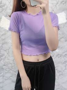 1pc Solid Color Frill Trim Sheer Mesh Camisole For Women, Lightweight Lace Overlay Tank Top Undershirt, Summer - Purple - View 5