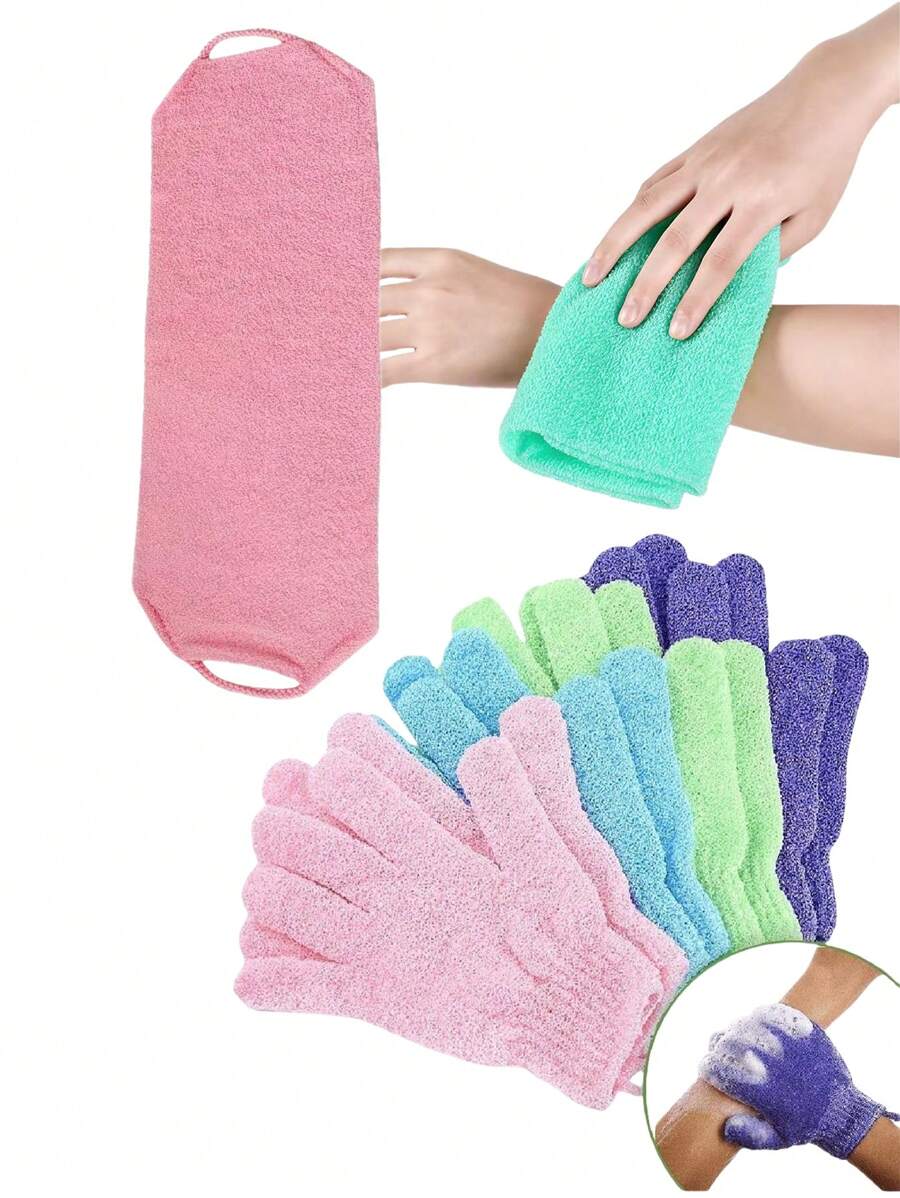 Guantes exfoliantes de ducha, guantes exfoliantes de doble cara, guantes exfoliantes de ducha, guantes para frotar el Body, herramienta de limpieza corporal exfoliante, toalla de baño larga con tira elástica para el dorso, de nailon reforzado, toalla de baño exfoliante doméstica para un fuerte frotado de espalda