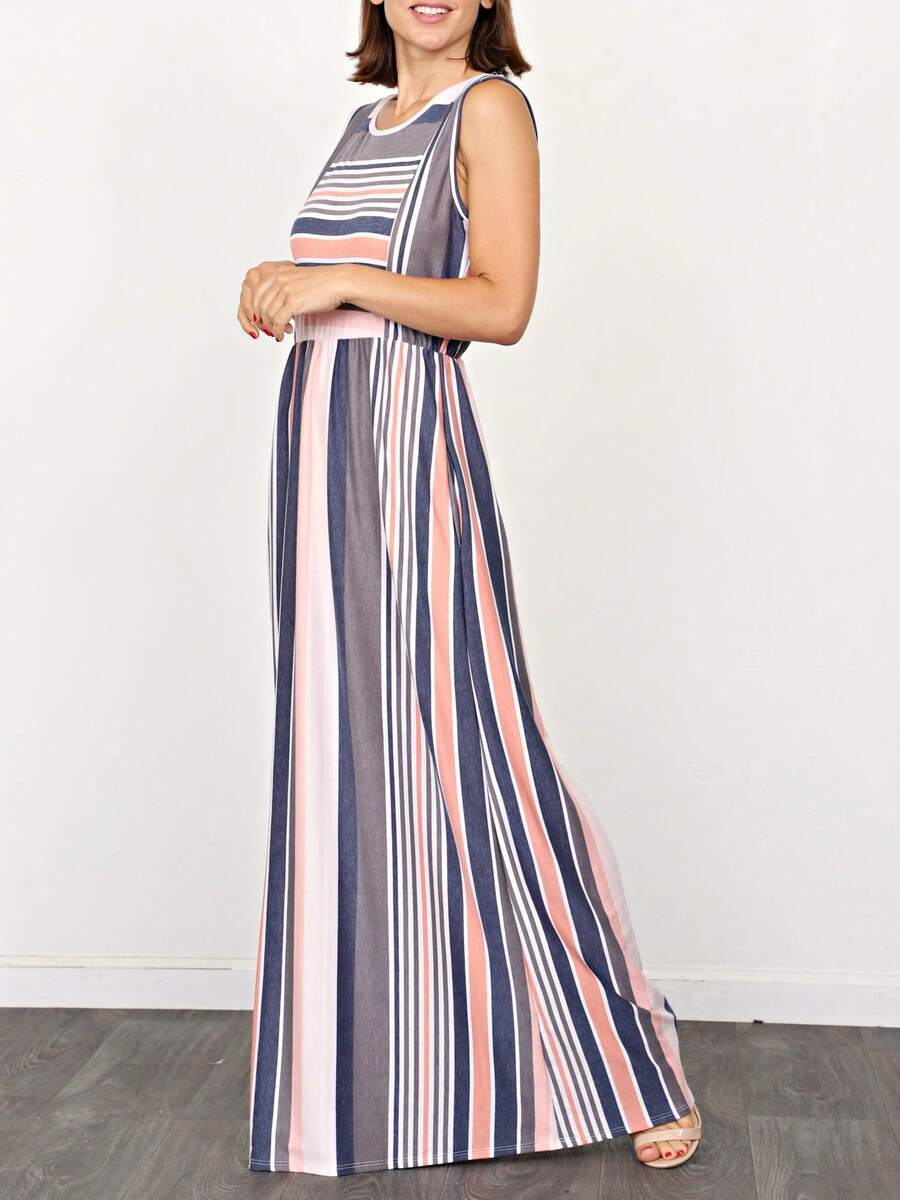 Boho Retro Vintage Solid Grey Color Block Color Sleeveless Grey Maxi Dress Racer | S-3X - 珊瑚粉 - 查看 1