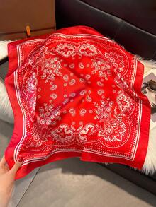 1 pieza Pañuelo/bandana cuadrado pequeño de 70 cm de seda sintética con estampado de cachemira, pañuelo de seda multifuncional para protección solar para hombres, accesorio versátil para envolver la cabeza y el cuello - Rojo - Ver 2