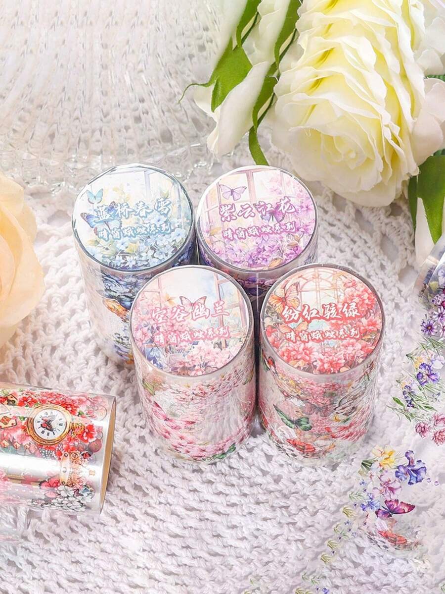 4pcs Flower Butterfly Series And Paper Tape Set, Photo Frame Paper Cutting Stickers, PET Waterproof Decorative Tape With Flowers, Butterflies, Used For Scrapbook Decorative Stickers Hand-Door Tape Border Landscaping Stickers - Multicolor - View 1