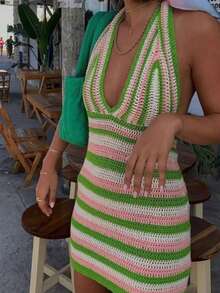 Women Striped Knitted Sleeveless Dress, Beach Wear For Summer - Multicolor - View 3