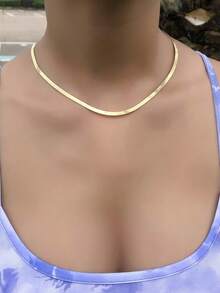 1pc Stainless Steel Simple Necklace, Everyday Wear - Yellow Gold - View 2