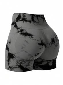 1 pieza Shorts deportivos de yoga con efecto tie-dye y bloques de color para mujer, con estiramiento, pantalón sin costuras para ciclismo al aire libre