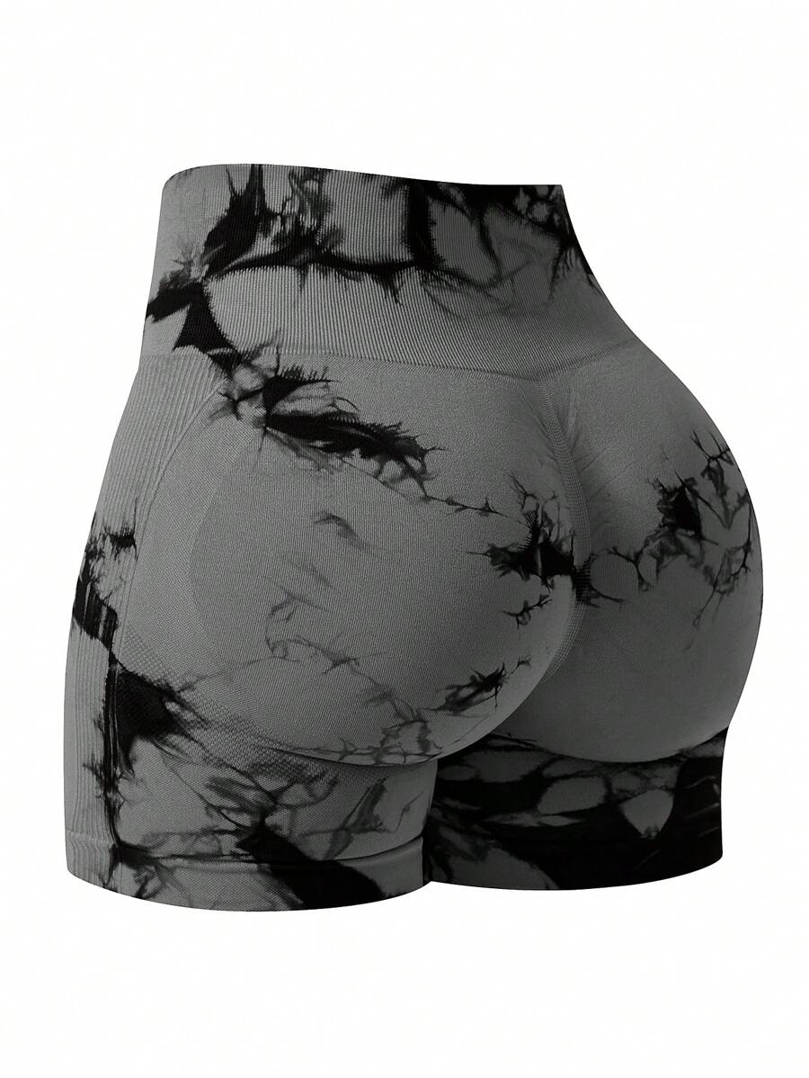 1 pieza Shorts deportivos de yoga con efecto tie-dye y bloques de color para mujer, con estiramiento, pantalón sin costuras para ciclismo al aire libre